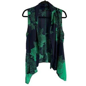 IMAN Sz XS Floral Semi-Sheer Vest Navy Blue & Green